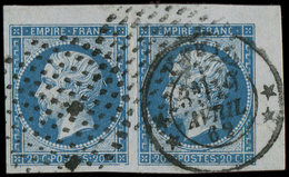 EMPIRE NON DENTELE - 14B  20c. Bleu T II, PAIRE Petit Cdf, Obl. RONDS De POINTS Et Càd ** PARIS ** 19/4/62, Superbe - 1853-1860 Napoleon III