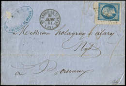 Let EMPIRE NON DENTELE - 14A  20c. Bleu, T I COIN De FEUILLE, Obl. PC 2979 S. LAC, Càd T15 St ANDRE-DE-CUBZAC 20/1/61, T - 1853-1860 Napoleon III