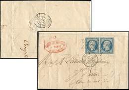 Let EMPIRE NON DENTELE - 15   25c. Bleu, PAIRE Obl. ETOILE S. LAC, Càd PARIS (60) 20/6/54, Arr. ST BRIEUC 21/6, Frais Et - 1853-1860 Napoleone III