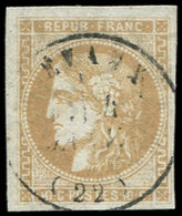 EMISSION DE BORDEAUX - 43A  10c. Bistre, R I, Obl. Càd T16 EVAUX, TB. C - 1870 Ausgabe Bordeaux
