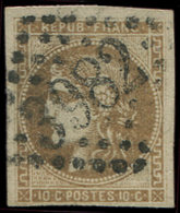 EMISSION DE BORDEAUX - 43b  10c. Bistre VERDATRE FONCE, R I, Superbe Nuance, Obl. GC 3982, Filet Intact En Bas, 3 Très B - 1870 Ausgabe Bordeaux
