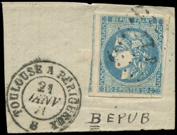 EMISSION DE BORDEAUX - 46A  20c. Bleu, T III, R I, Variété BEPUB, Voisin à Gauche, Obl. Amb. TP Sur Fragt, Càd TOULOUSE - 1870 Ausgabe Bordeaux