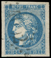 EMISSION DE BORDEAUX - 46B  20c. Bleu, T III, R II, Obl. GC, Frappe Légère, Belles Marges, TTB/Superbe - 1870 Ausgabe Bordeaux