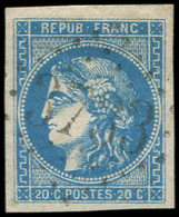 EMISSION DE BORDEAUX - 46B  20c. Bleu, T III, R II, Obl. GC 3732, Frappe Superbe, TTB - 1870 Ausgabe Bordeaux