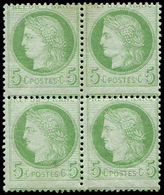 * CERES DENTELE - 53    5c. Vert-jaune Sur Azuré, BLOC De 4, Piquage DECALE, Un Ex. **, Un Ex. Une Dent écourtée, Sinon  - 1871-1875 Ceres