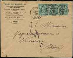 Let TYPE SAGE SUR LETTRES - N°75 5c. Vert BANDE De 3 Obl. Càd Lyon 17/12/77 S. Env. Pour VENISSIEUX, Taxe 25 Plume, TB - 1877-1920: Periodo Semi Moderno