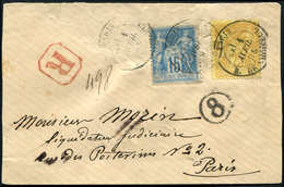 Let TYPE SAGE SUR LETTRES - N°90 Et 92 Obl. R. De Choiseul 1/4/85 S. Env. Rec. Locale, TB - 1877-1920: Semi Modern Period