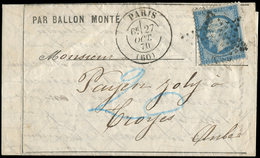 Let BALLONS MONTES - N°22 Obl. Etoile S. LAC Formule, Càd Paris 27/10/70, Taxe Allemande 20 En Bleu Pour TROYES Zone Occ - Guerra Del 1870