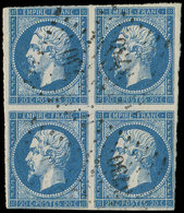 LETTRES ET OBLITERATIONS D'ALGERIE - N°14A 20c. Bleu, BLOC De 4, 2 Ex. Filet Touché, Obl. PC 3730 De MOSTAGANEM, B/TB - 1849-1876: Periodo Classico