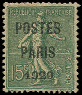 (*) PREOBLITERES - 25  15c. Vert-olive, POSTES PARIS 1920, TB - 1893-1947