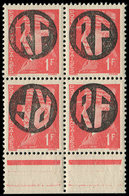 ** TIMBRES DE LIBERATION - CHOLET 14 : 1f. Rouge, BLOC De 4, Une Surcharge RENVERSEE, Adh. - Liberation