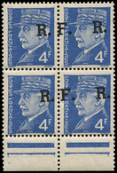 ** TIMBRES DE LIBERATION - LYON 15a : Pétain, 4f. Bleu, BLOC De 4 Dont 2 Ex. Surch. F.R Et 2 Ex. R. SEUL, TB - Liberation