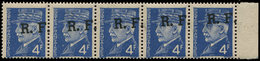 ** TIMBRES DE LIBERATION - LYON 15e : Pétain, 4f. Bleu, BANDE De 5, Surch. Progressivement DEPLACEE Et En Biais, TB, Sig - Liberazione