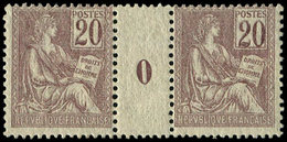 * VARIETES - 113   Mouchon, 20c. Brun-lilas, PAIRE Mill.0 Décentrée, Sinon TB - Unused Stamps