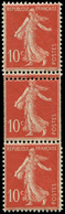 ** VARIETES - 138   Semeuse Camée, 10c. Rouge, BANDE Verticale De 3, Ex. Du Milieu DOUBLE Piquage, TB - Unused Stamps