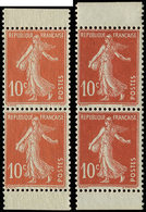 ** VARIETES - 138d  Semeuse Camée, 10c. Rouge, T IC, 2 PAIRES Verticales De Carnet Avec Bords, Nuances Différentes, TB - Unused Stamps