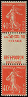 ** VARIETES - 194   Semeuse Camée, 40c. Vermillon, PAIRE Verticale Interp., Pub LE SECOURS-GREY-POUPON, TB - Unused Stamps