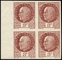 ** VARIETES - 525B  Pétain,  3f. Brun, BLOC De 4 NON DENTELE Bdf, TB, N° Maury - Nuovi