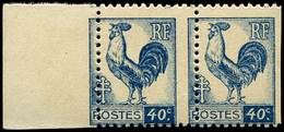 ** VARIETES - 632   Coq, 40c. Bleu, PIQUAGE A CHEVAL, Bdf, TB - Unused Stamps