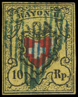 SUISSE 15 : 10Rp. Jaune, Noir Et Rouge, Obl. Grille Bleue, TB - 1843-1852 Federal & Cantonal Stamps