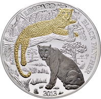 Ruanda: 1000 Francs FRW 2013: Leopard Und Schwarzer Panther. 3 OZ Silber, Platiert Mit Gold Und Ruth - Rwanda