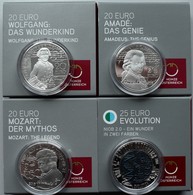 Österreich: Lot 4 Münzen: 25 Euro Niob Evolution, 20 Euro 2015 Wolfgang Das Wunderkind, 2016 Amadeus - Austria