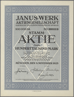 Alte Aktien / Wertpapiere: Lot 8 Aktien 8.11.1923 Der Janus-Werk AG München, 5 X 20.000 Mark Und 3 X - Sonstige & Ohne Zuordnung