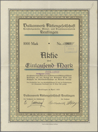 Alte Aktien / Wertpapiere: 1922: Vulkanwerk Aktiengesellschaft Reutlingen, Aktie über 1.000 Mark, Ap - Sonstige & Ohne Zuordnung