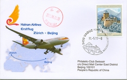 2011 , LIECHTENSTEIN , SOBRE CIRCULADO , VADUZ - BEIJING , HAINAN AIRLINES , LLEGADA, AVIONES , AVIACIÓN - Briefe U. Dokumente