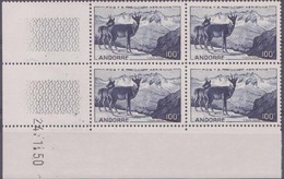 Andorre Poste Aérienne  N° 1 100f Isards En Bloc De 4 Coin Daté 24.1.50 Qualité: ** Cote: 535 € - Airmail