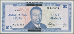 Burundi: 100 Francs 01.05.1965 P. 17, With Black Overprint "De La Republique", S/N #K743865, In Exce - Burundi
