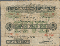 Ceylon: 5 Rupees 1919 P. 11b, Used With Folds And Creases, Stained Paper, Holes In Paper Which Are P - Sri Lanka