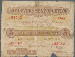 Ceylon: 5 Rupees 1914 P. 11b, Rare Larger Size Note In Used Condition With Several Folds And Creases - Sri Lanka