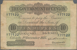 Ceylon: 10 Rupees 1925 P. 12c, Used With Folds And Creases, Light Stain In Paper, Upper Left And Rig - Sri Lanka