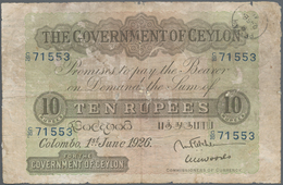 Ceylon: 10 Rupees 1926 P. 12c, Stronger Used With Color Abrasions, Border Wear, Pressed, Paper Thinn - Sri Lanka