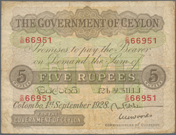 Ceylon: 5 Rupees 1928 P. 22, Used With Folds And Creases, No Holes Or Tears, No Repairs, Still Stron - Sri Lanka