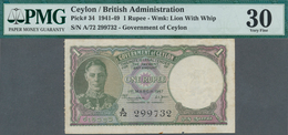 Ceylon: 1 Rupee 1947, P.34, Rusty Spots And Tiny Margin Split, PMG Graded 30 Very Fine - Sri Lanka