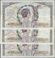 France / Frankreich: Set Of 3 CONSECUTIVE Notes 5000 Francs "Victoire" 1940 P. 97, S/N 11929995 & -9 - Andere & Zonder Classificatie