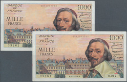 France / Frankreich: 2 Consecutive 1000 Francs 1956 P. 134a, Very Crisp Paper, Light Center Bend, Pi - Altri & Non Classificati