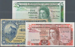 Gibraltar: Set Of 3 Banknotes Containing 10 Shillings 1958 P. 14c, Used With Folds And Stain In Pape - Gibilterra