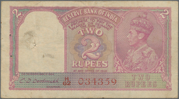 India / Indien: 2 Rupees ND(1943) P. 17b, Rarely Seen With RED TYPE Serial Number, Used With Folds A - India