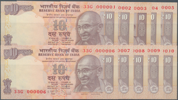 India / Indien: Set Of 10 Pcs 10 Rupees ND P. 102 With Interesting Serial Numbers, Consecutive From - Indien