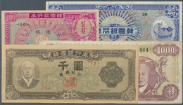 Korea: Nice Set With 4 Banknotes 1000 Won 1952 P.10a In VF+, 1 Won 1953 P.11b In UNC, 10 Won 1953 P. - Corea Del Sur