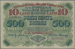 Latvia / Lettland: 10 Latu Overprint On 500 Rubli 1920, P.13a, Extraordinary Rare Banknote In Almost - Lettonie