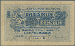 Lithuania / Litauen: 20 Centu 1922, P.11a With Small Repaired Tear At Lower Left, Otherwise Unfolded - Litauen