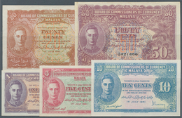 Malaya: Very Nice Set With 5 Banknotes 1, 5, 10, 20 And 50 Cents 1941, P.6-10 In VF To XF Condition. - Maleisië