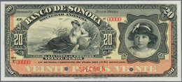 Mexico: El Banco De Sonora 20 Pesos 1899-1911 SPECIMEN, P.S421s, Punch Hole Cancellation And Red Ove - Mexiko