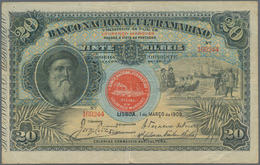 Mozambique: 20 Mil Reis 1909 P. 40, Used With Stronger Vertical And Horizontal Fold, Minor Pinholes, - Mozambico