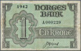 Norway / Norwegen: 1 Krone 1942 P. 17a With Very Low Serial Number #A000229, So This Note Was The 22 - Norvège