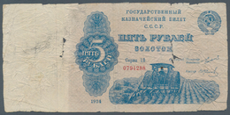 Russia / Russland: 5 Gold Rubles 1924, P.180, Highly Rare Note In Almost Well Worn Condition With A - Rusia